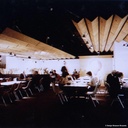Ceiling module in varnished oak plywood by Christophe Gevers from the Générale de Banque (L. 197 cm)