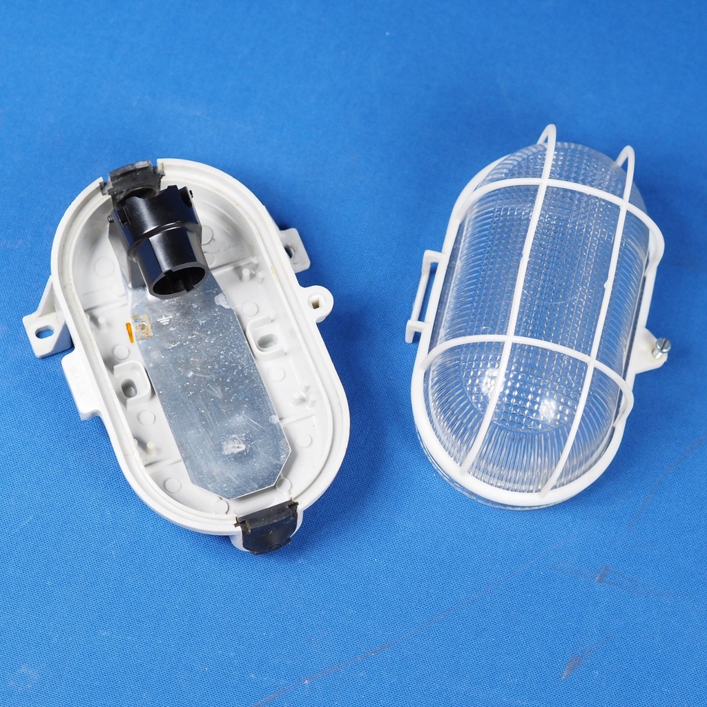 Caged wall/ceiling light with bakelite base and textured glass diffuser by L'ébènoïd