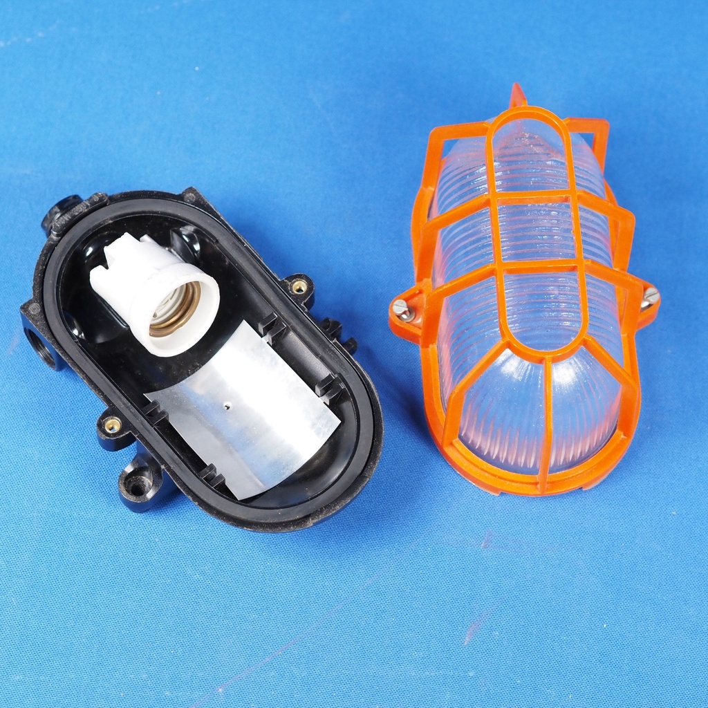 Caged wall/ceiling light with bakelite base and textured glass diffuser - Orange cage