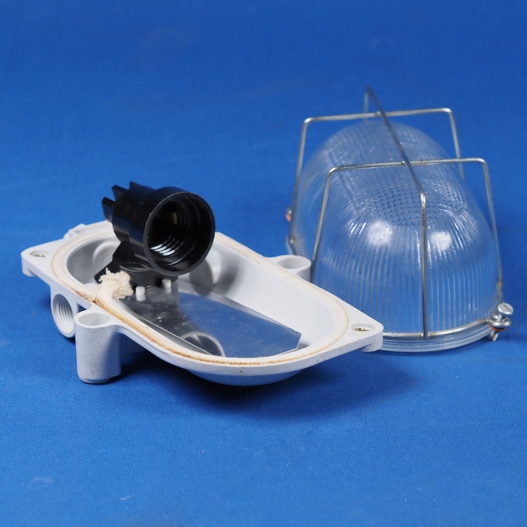 Caged wall/ceiling light with bakelite base, steel cage and textured glass diffuser by L'ébènoïd (E27)