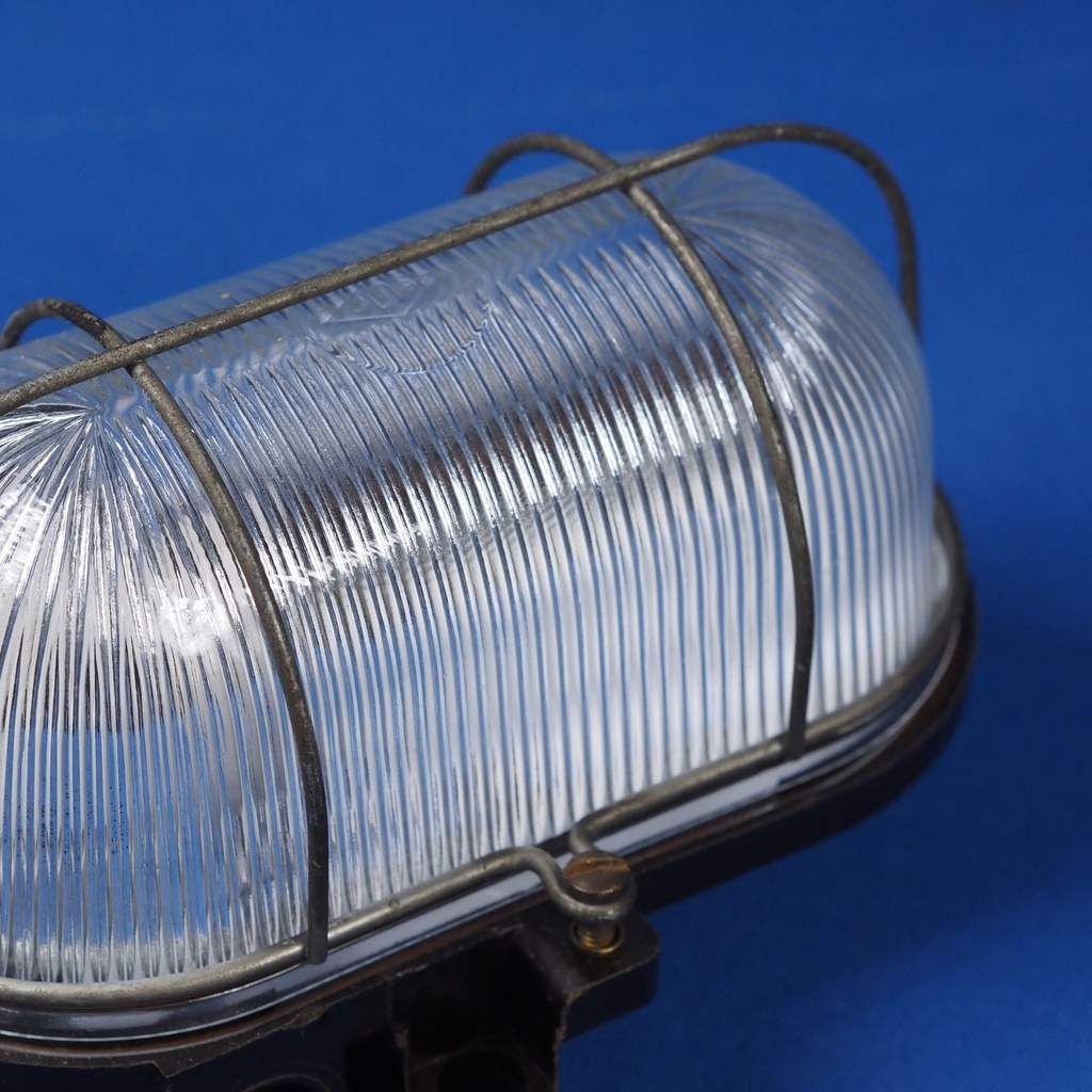 Caged wall/ceiling light with bakelite base, steel cage and textured glass diffuser