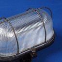 Caged wall/ceiling light with bakelite base, steel cage and textured glass diffuser