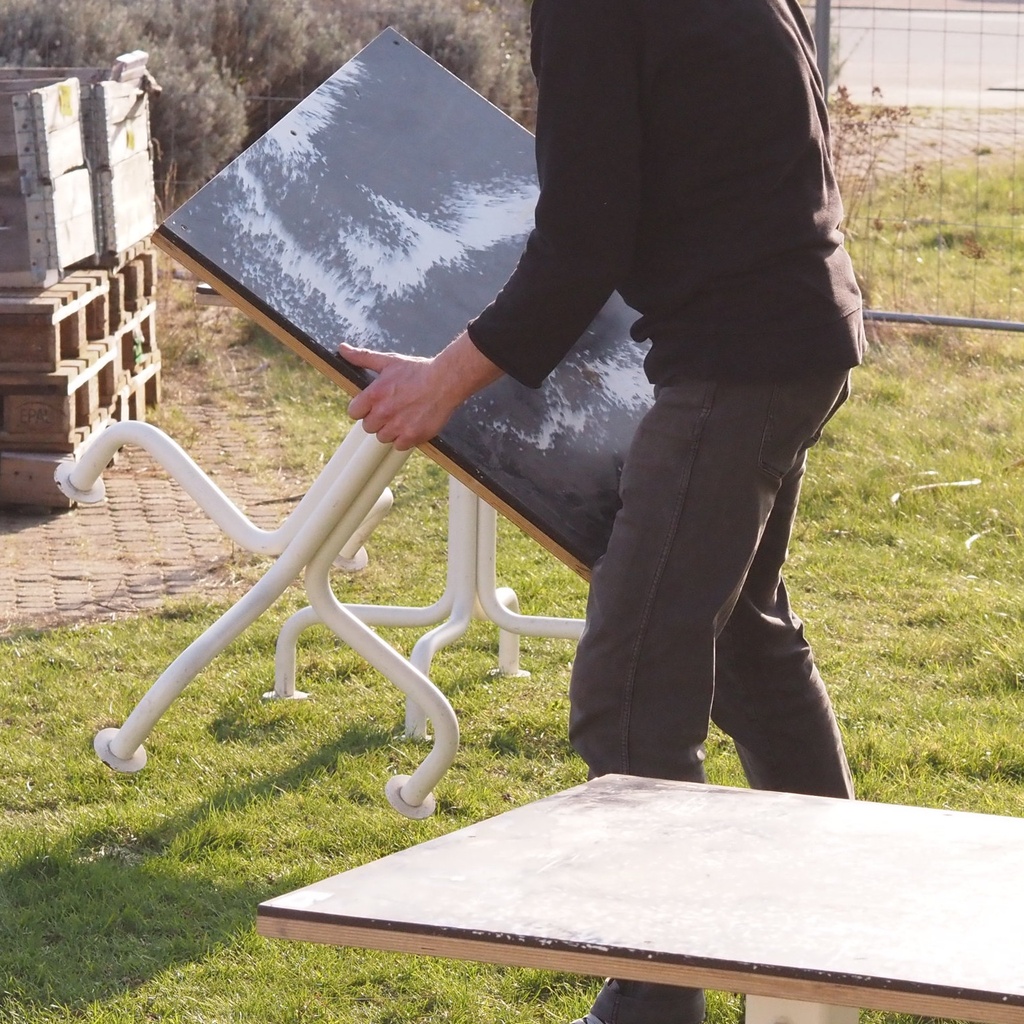 Square cafeteria table 'Aequus' by Pierre-Emmanuel Vandeputte