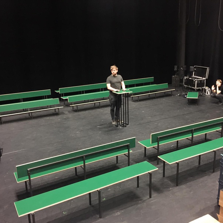 Stackable bench with backrest by Samyra Moumouh