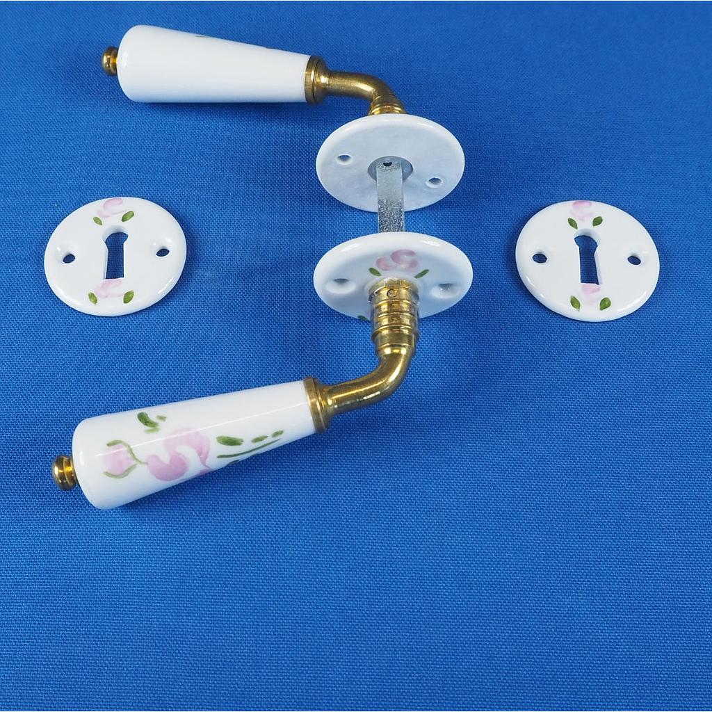 Door handle in brass and porcelain with key rosettes by Linea Bertomani - Roses