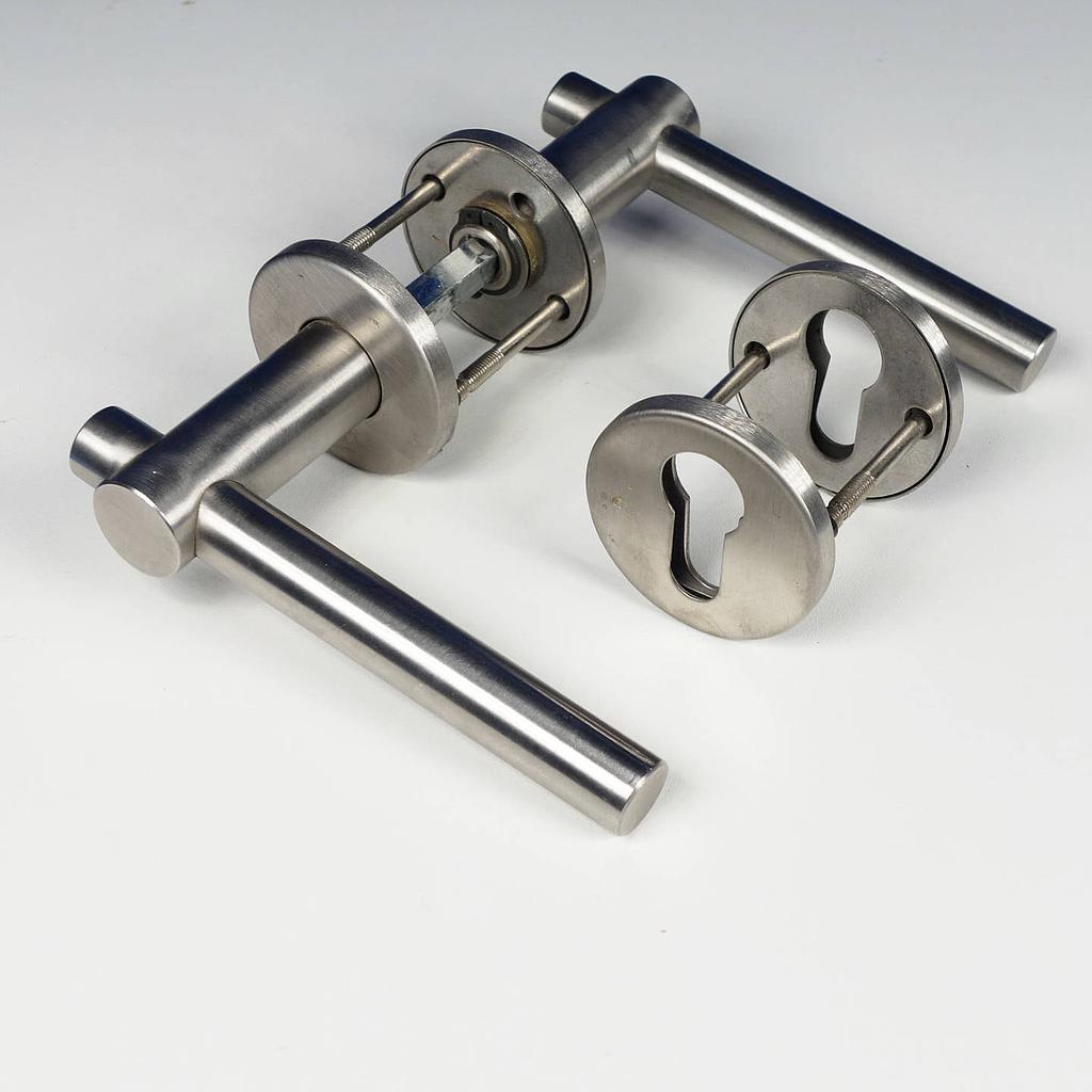 Door handle in brushed stainless steel with key rosettes