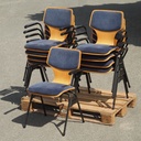 Upholstered armchair in varnished beech plywood and powder coated steel