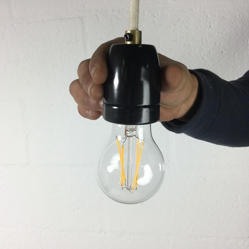 [999LIG5024] Black socket E27 in gloss porcelain with brass (New)