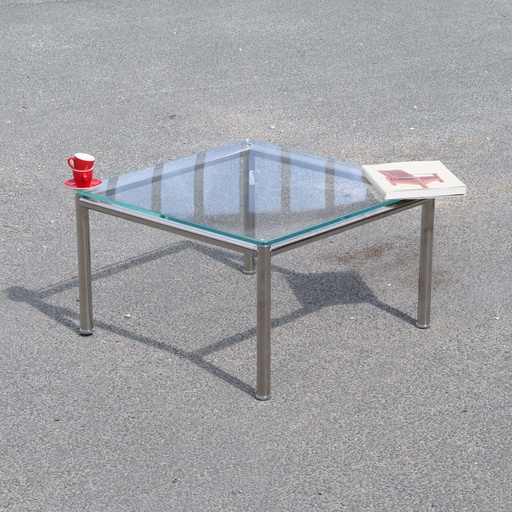 [901FUR899] Square coffee table in chromed aluminium with clear glass tabletop by Smaris (80 x 80 cm)